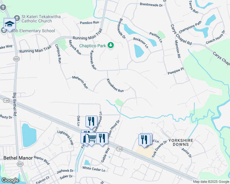 map of restaurants, bars, coffee shops, grocery stores, and more near 210 Kinnakeet Run in Yorktown