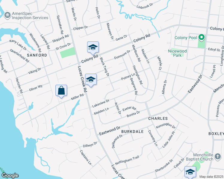 map of restaurants, bars, coffee shops, grocery stores, and more near 123 Plainfield Drive in Newport News