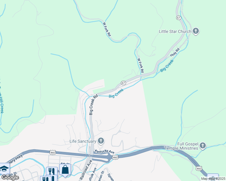 map of restaurants, bars, coffee shops, grocery stores, and more near Big Creek Road in Richlands