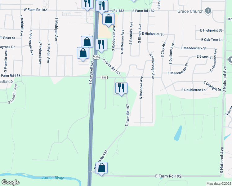 map of restaurants, bars, coffee shops, grocery stores, and more near 215 East Apache Drive in Springfield