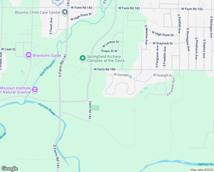 map of restaurants, bars, coffee shops, grocery stores, and more near 1610 West Farm Road 186 in Springfield