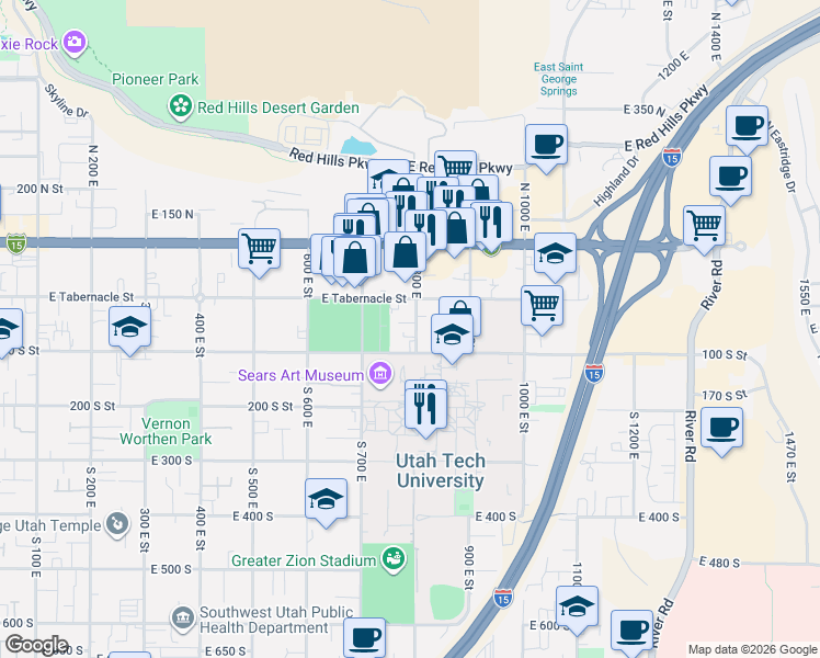 map of restaurants, bars, coffee shops, grocery stores, and more near 68 South 800 East in St. George