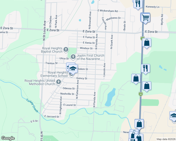 map of restaurants, bars, coffee shops, grocery stores, and more near 2431 Rolla Street in Joplin