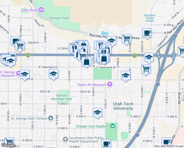 map of restaurants, bars, coffee shops, grocery stores, and more near 54 South 600 East in St. George