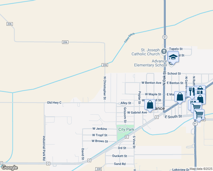 map of restaurants, bars, coffee shops, grocery stores, and more near 109 Jane Ann Street in Advance