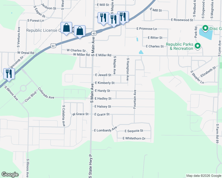 map of restaurants, bars, coffee shops, grocery stores, and more near 226 E Hardy St in Republic