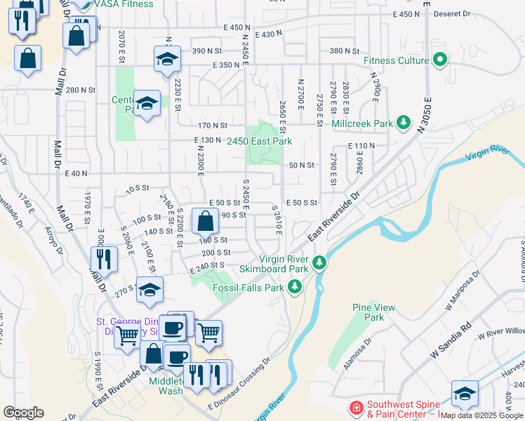 map of restaurants, bars, coffee shops, grocery stores, and more near 2541 East 90 South in St. George