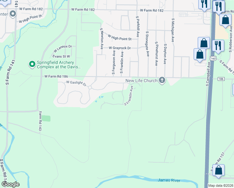map of restaurants, bars, coffee shops, grocery stores, and more near 1242 West Farm Road 186 in Springfield