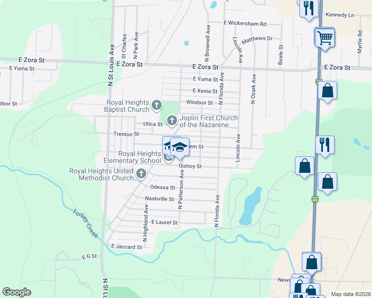 map of restaurants, bars, coffee shops, grocery stores, and more near 2231 Rolla Street in Joplin