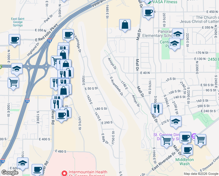 map of restaurants, bars, coffee shops, grocery stores, and more near 28 South Acantilado Drive in St. George