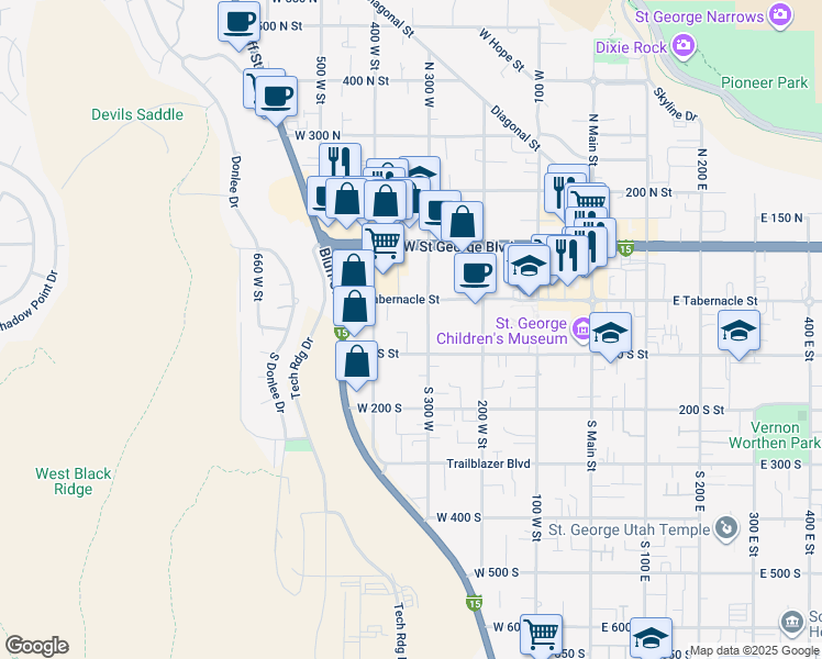 map of restaurants, bars, coffee shops, grocery stores, and more near 350 West 100 South in St. George