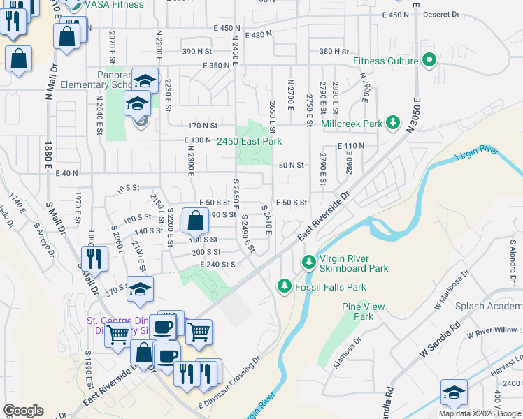 map of restaurants, bars, coffee shops, grocery stores, and more near 2564 East 90 South in St. George