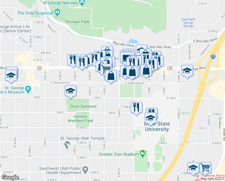 map of restaurants, bars, coffee shops, grocery stores, and more near 58 South 600 East in St. George