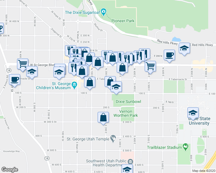 map of restaurants, bars, coffee shops, grocery stores, and more near 75 South 200 East in St. George