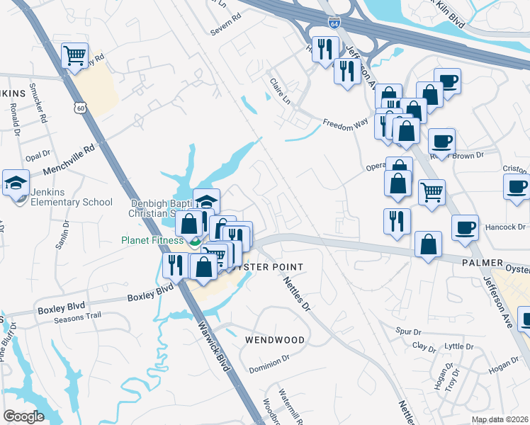 map of restaurants, bars, coffee shops, grocery stores, and more near 621 Todd Trail in Newport News