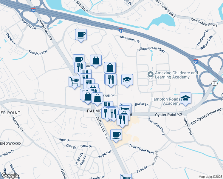 map of restaurants, bars, coffee shops, grocery stores, and more near 12130 Jefferson Avenue in Newport News