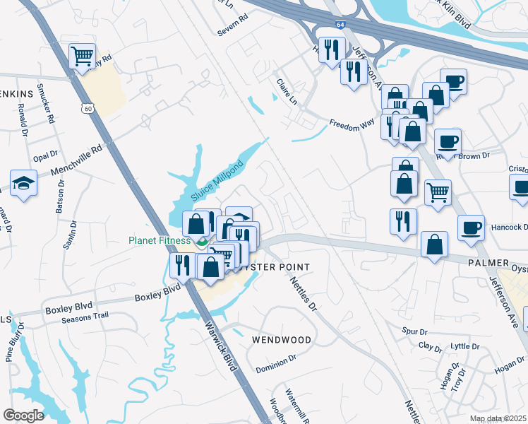 map of restaurants, bars, coffee shops, grocery stores, and more near 627 Todd Trail in Newport News