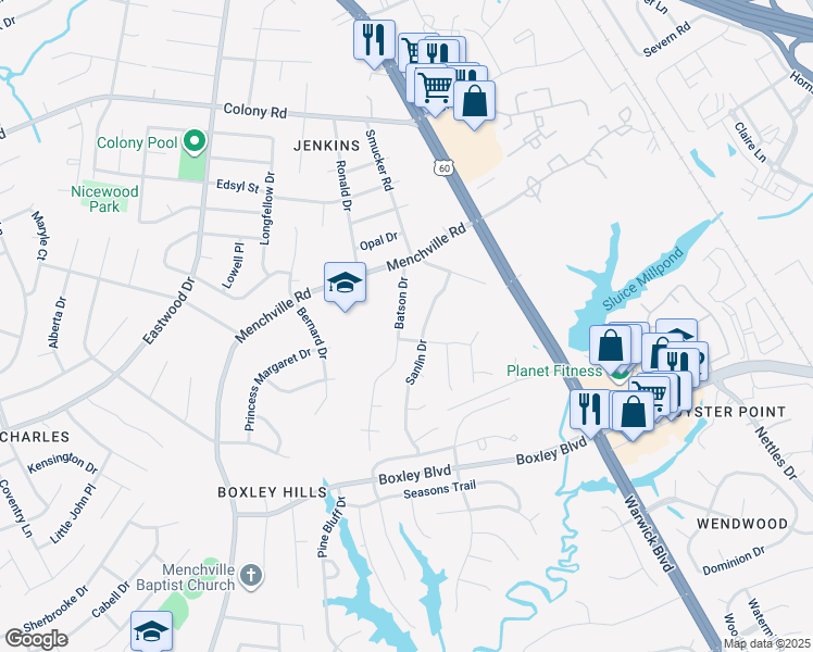 map of restaurants, bars, coffee shops, grocery stores, and more near 284 Batson Drive in Newport News