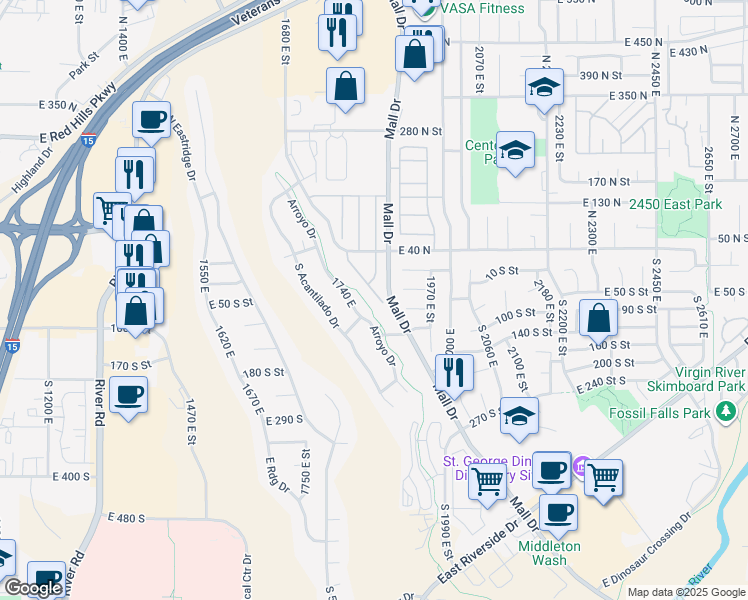 map of restaurants, bars, coffee shops, grocery stores, and more near 145 North Mall Drive in St. George