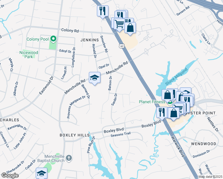 map of restaurants, bars, coffee shops, grocery stores, and more near 284 Batson Drive in Newport News