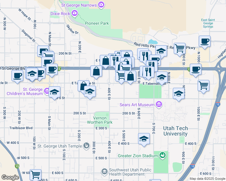 map of restaurants, bars, coffee shops, grocery stores, and more near 47 South 400 East in St. George