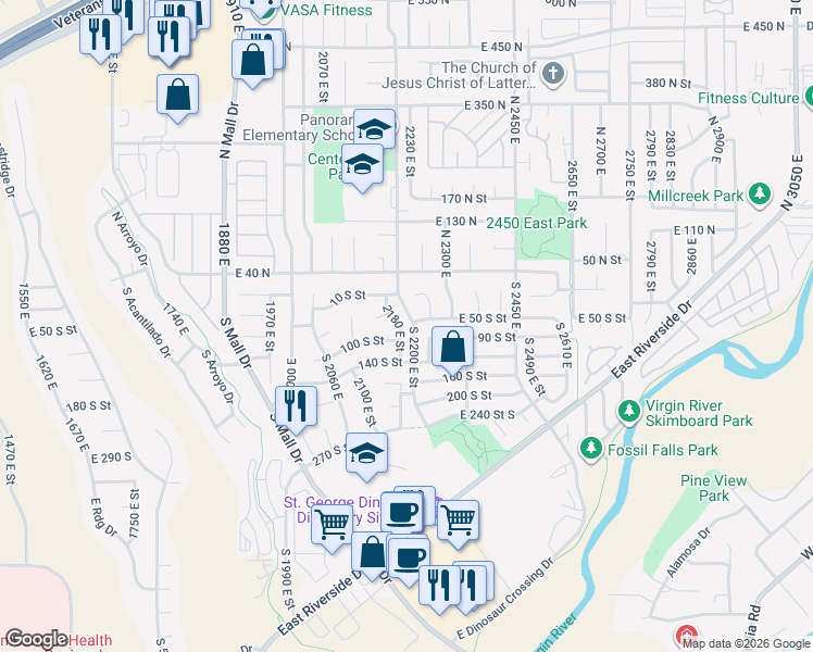 map of restaurants, bars, coffee shops, grocery stores, and more near 2177 East 100 South in St. George