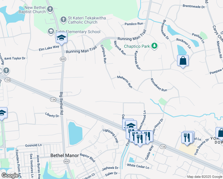 map of restaurants, bars, coffee shops, grocery stores, and more near 306 Coinjock Run in Yorktown