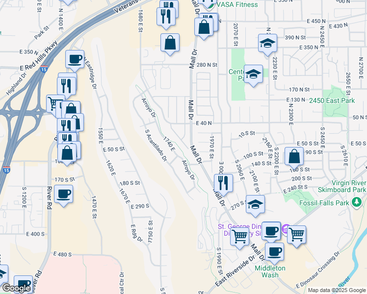 map of restaurants, bars, coffee shops, grocery stores, and more near 145 North Mall Drive in St. George