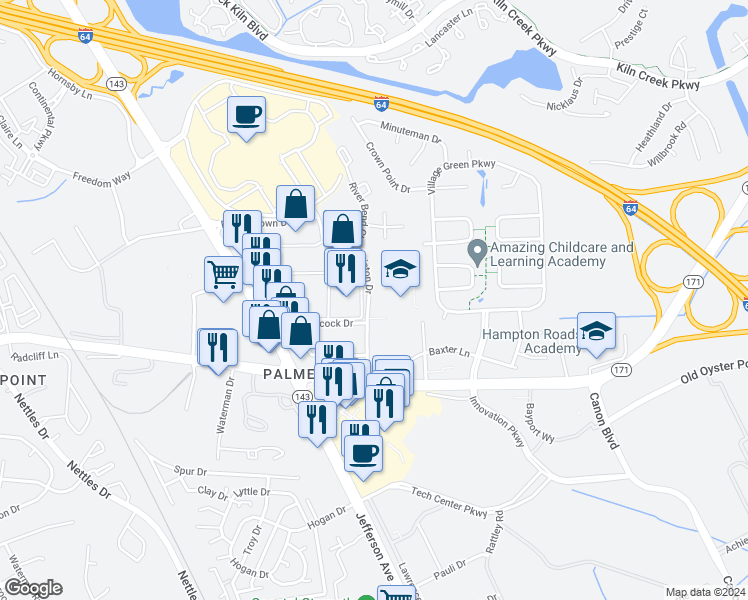 map of restaurants, bars, coffee shops, grocery stores, and more near in Newport News