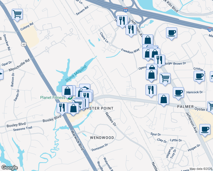 map of restaurants, bars, coffee shops, grocery stores, and more near 443 Oyster Point Road in Newport News