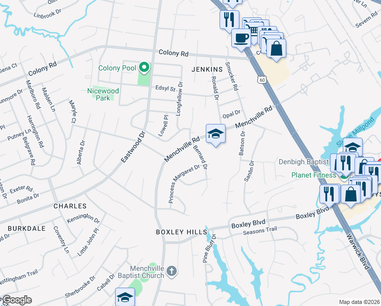 map of restaurants, bars, coffee shops, grocery stores, and more near 35 Bernard Drive in Newport News