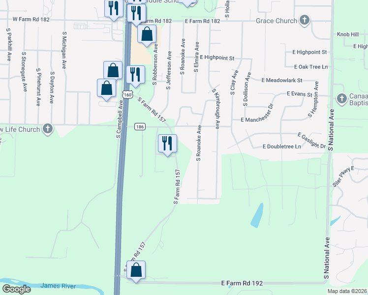 map of restaurants, bars, coffee shops, grocery stores, and more near 5852 South Farm Road 157 in Springfield