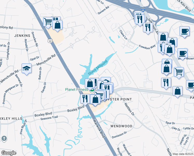 map of restaurants, bars, coffee shops, grocery stores, and more near 525 Kristy Court in Newport News