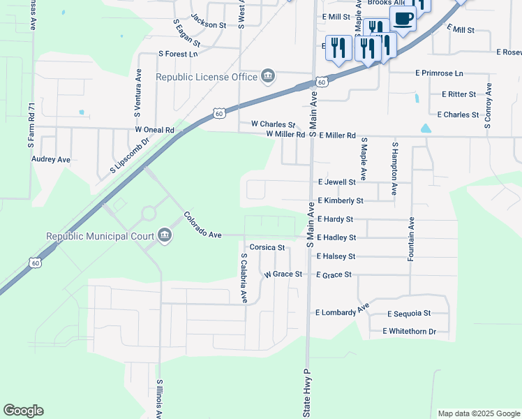 map of restaurants, bars, coffee shops, grocery stores, and more near 734 Scott Cir in Republic