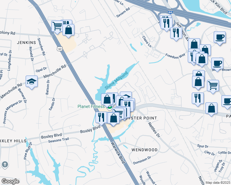 map of restaurants, bars, coffee shops, grocery stores, and more near 525 Kristy Court in Newport News
