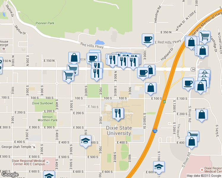 map of restaurants, bars, coffee shops, grocery stores, and more near 68 South 800 East in St. George