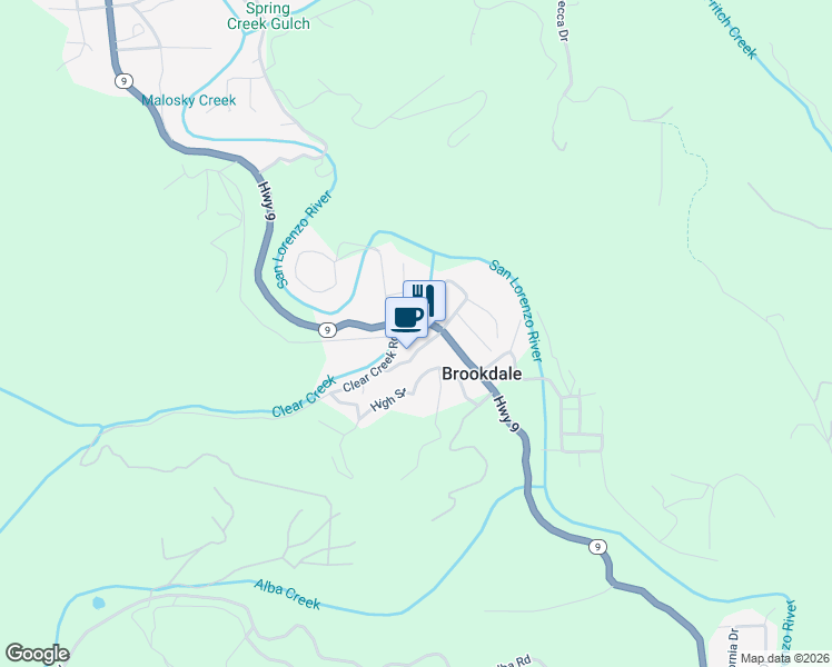 map of restaurants, bars, coffee shops, grocery stores, and more near 11570 California 9 in Brookdale