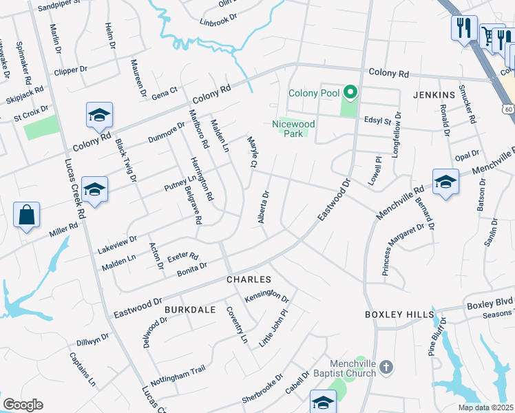 map of restaurants, bars, coffee shops, grocery stores, and more near 318 Malden Lane in Newport News