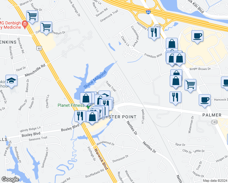 map of restaurants, bars, coffee shops, grocery stores, and more near 635 Todd Trail in Newport News