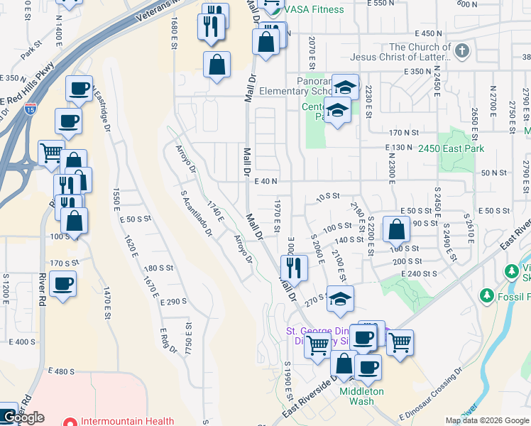 map of restaurants, bars, coffee shops, grocery stores, and more near 1932 East 40 South Circle in St. George