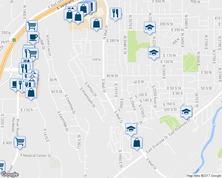 map of restaurants, bars, coffee shops, grocery stores, and more near 1932 East 40 South Circle in St. George