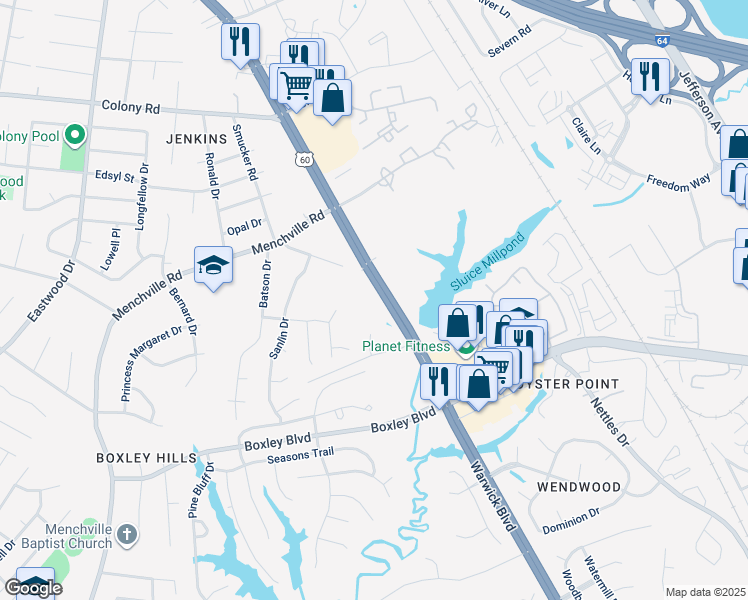 map of restaurants, bars, coffee shops, grocery stores, and more near 13071 Warwick Boulevard in Newport News