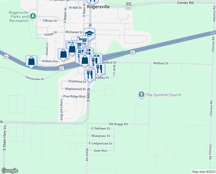 map of restaurants, bars, coffee shops, grocery stores, and more near 235 Clay Street in Rogersville