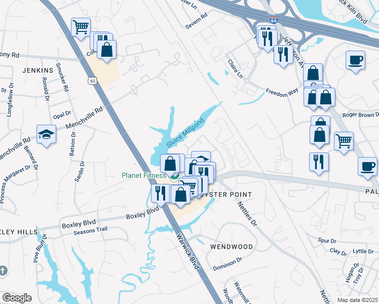 map of restaurants, bars, coffee shops, grocery stores, and more near 703 Todd Trail in Newport News