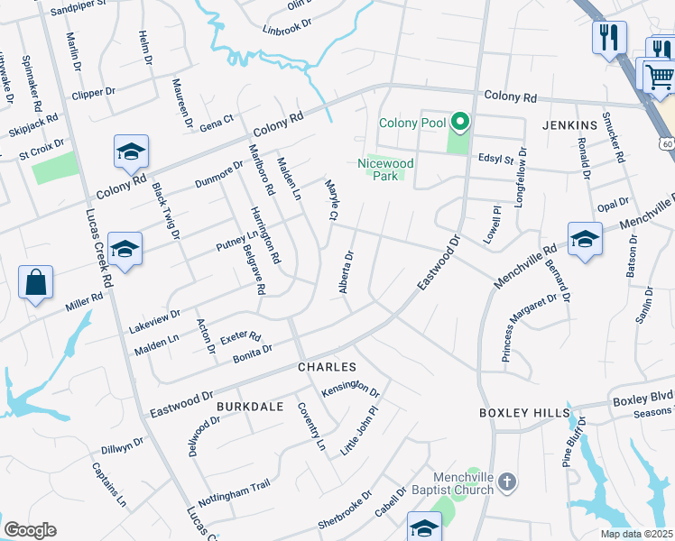 map of restaurants, bars, coffee shops, grocery stores, and more near 318 Malden Lane in Newport News