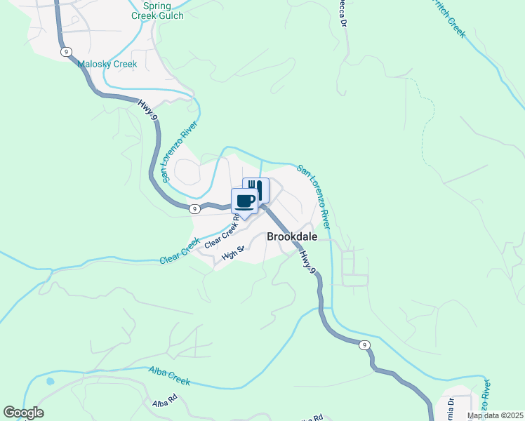 map of restaurants, bars, coffee shops, grocery stores, and more near 11570 Highway 9 in Boulder Creek