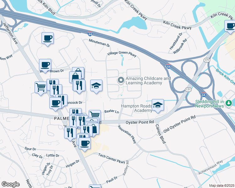 map of restaurants, bars, coffee shops, grocery stores, and more near 623 Brandywine Drive in Newport News