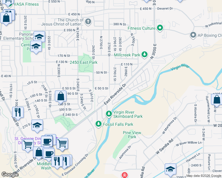 map of restaurants, bars, coffee shops, grocery stores, and more near 2990 East Riverside Drive in St. George