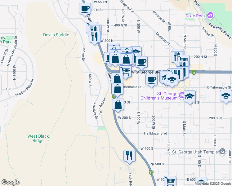 map of restaurants, bars, coffee shops, grocery stores, and more near 39 South Bluff Street in St. George