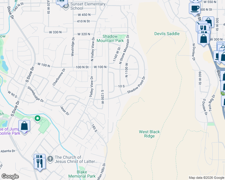 map of restaurants, bars, coffee shops, grocery stores, and more near 1176 Shadow Point Drive in St. George